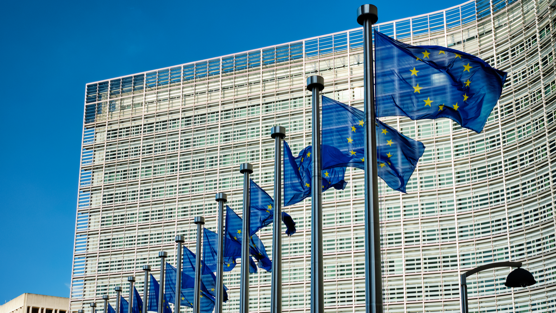 Several European Union flags with yellow stars on a blue background are flying on flagpoles in front of a modern glass building, with a clear blue sky in the background.