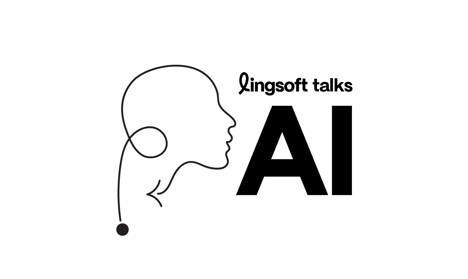 An outline of a human head in profile drawn with a continuous line is shown on the left side. To the right, the text reads 'Lingsoft talks AI' in bold, with 'AI' in large capital letters.