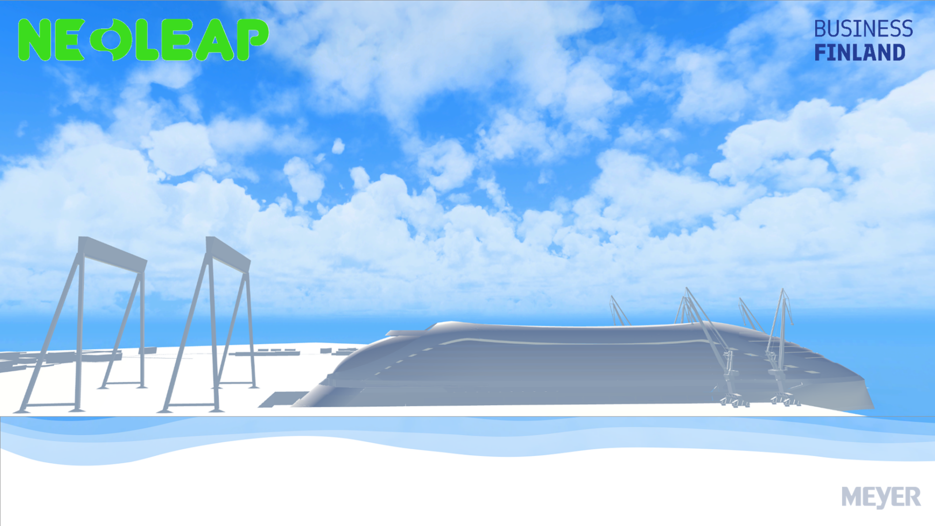 The Necoverse project develops virtual environments for shipbuilding. Graphical drawing of the dock: two large cranes and a large modern ship silhouette to be built.