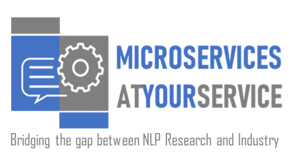 Microservices At Your Service logo. Tagline says "Brigding the gap between NLP Research and Industry