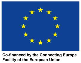 The logo of European union with dark blue background and yellow circle of stars. Text below it reads: "Co-financed by the Connecting Europe Facility of the European Union".