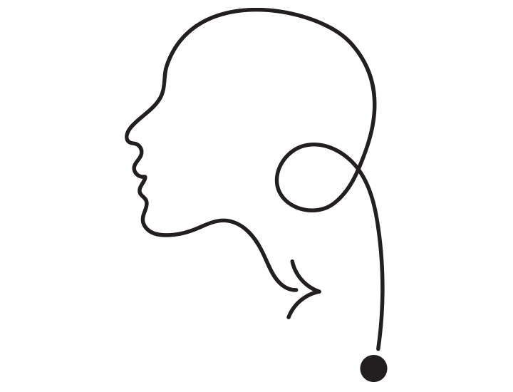 An abstract outline of a human head in profile, drawn with a single continuous line that loops around the ear and neck area, ending in a small dot below the neck. The minimalist design suggests the shape of a head with flowing, connected lines.