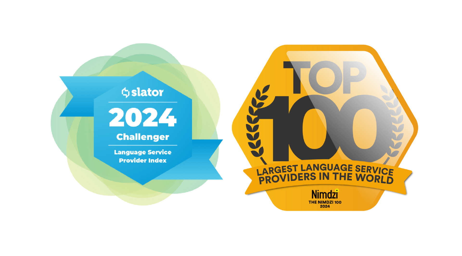 Slatorin 2024 Challenger Language Service Provider Index -tunnus ja Nimdzi Top 100 Largest Language Service Providers in the World 2024 -tunnus rinnakkain.